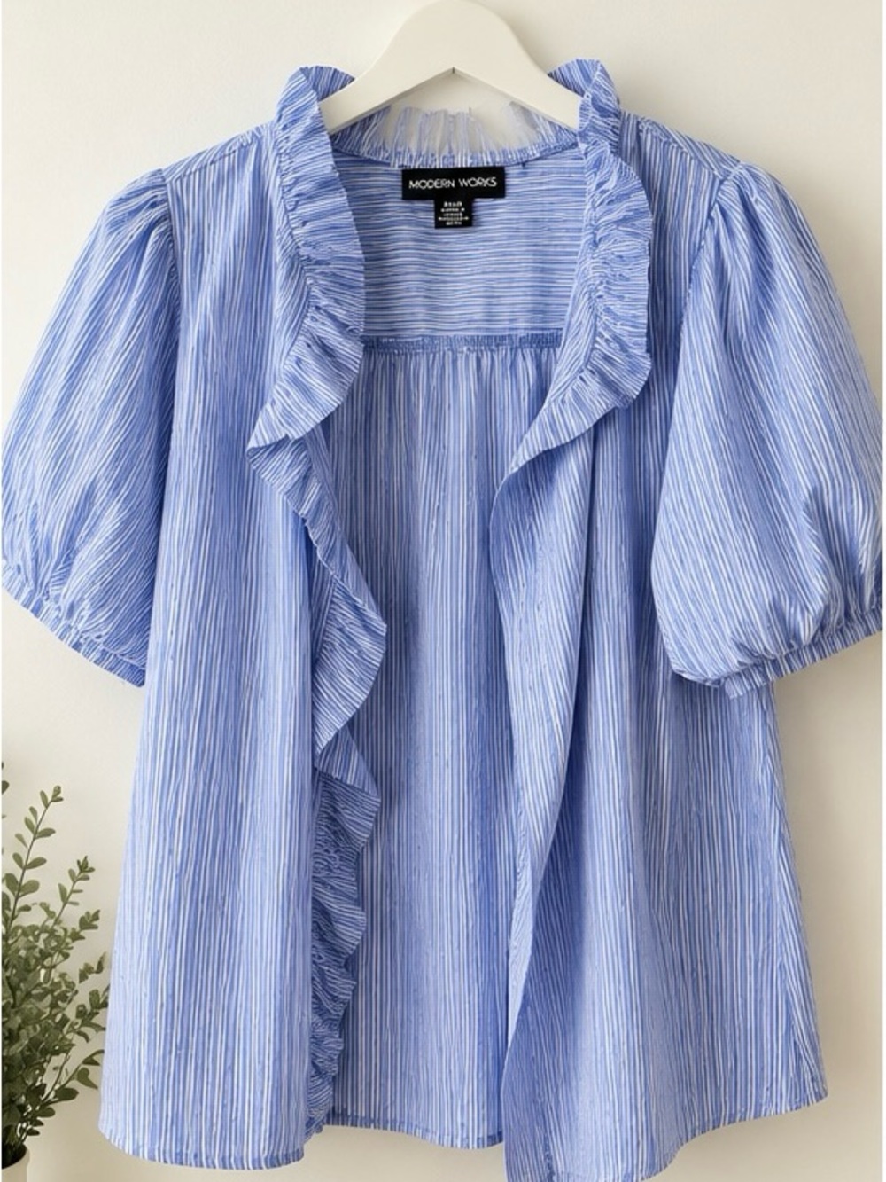 Modern Works Blue Stripe Ruffle-Trim Blouse